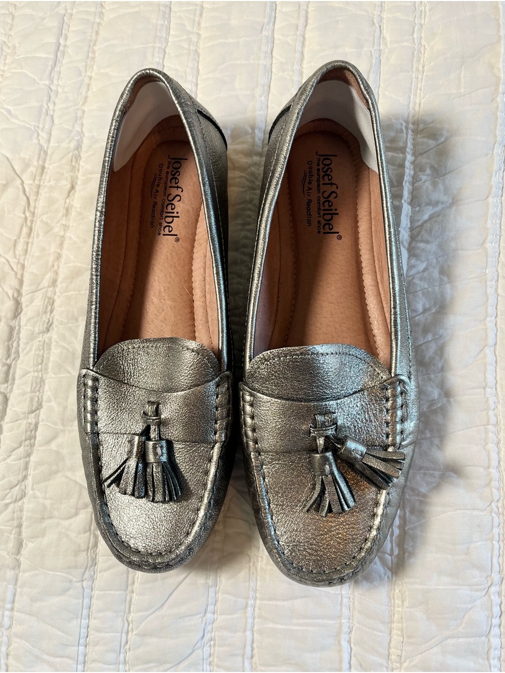 Josef Seibel Metallic Silver Tassel Driving Loafers
